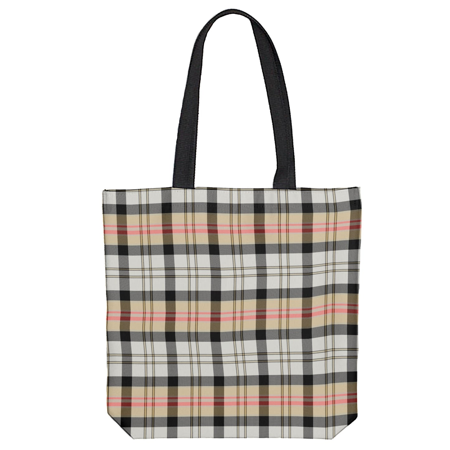 Silver and Gold Plaid Tote Bag- shades and stripes of yellow, gold, cream, red, and black