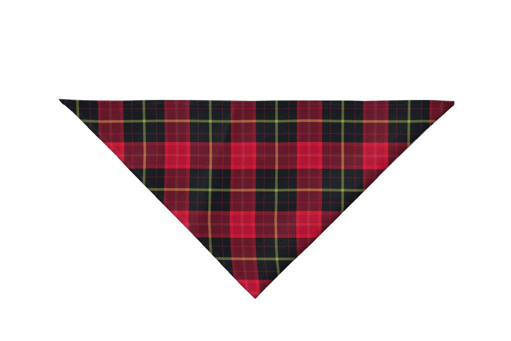 Red Plaid Dog Bandana - shades and stripes of green and red with gold or yellow mixed in