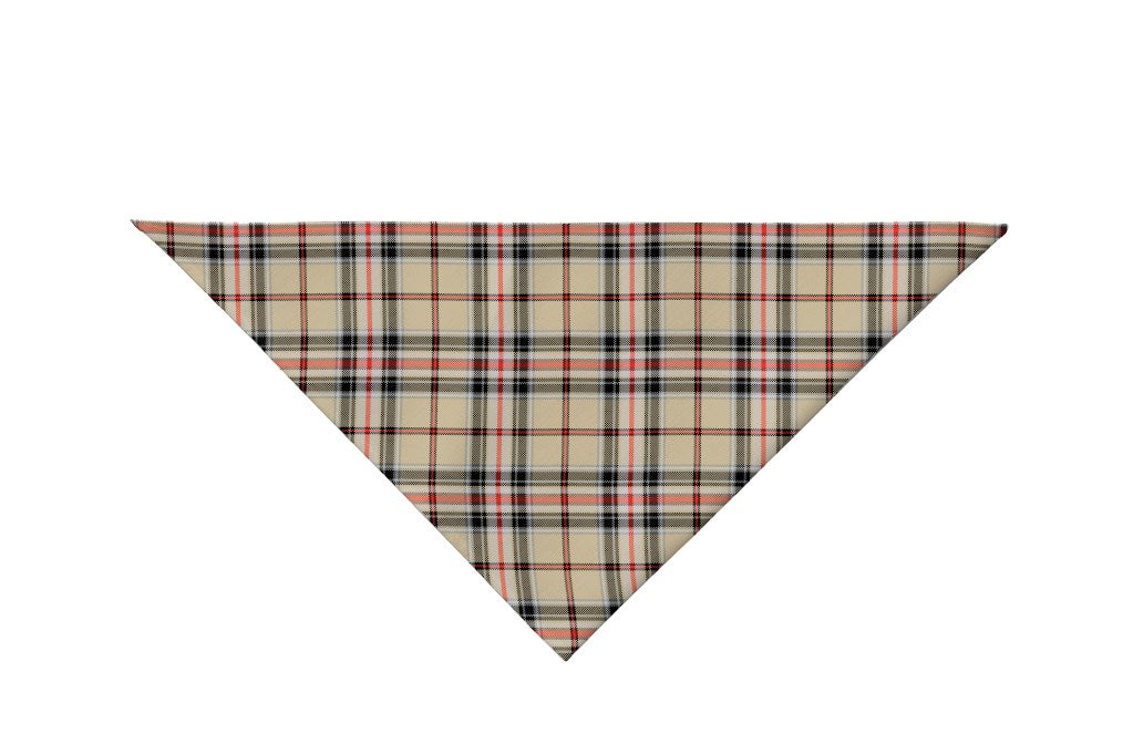 Chic Plaid Pet Bandana - shades and stripes of gold, yellow, black, and red. The dominant color in this design is yellow or gold.