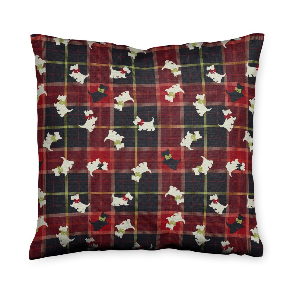 Scottie Plaid Throw Pillow - various shades of green and red with gold or yellow mixed in, featuring light and dark colored scottie dogs in a pattern