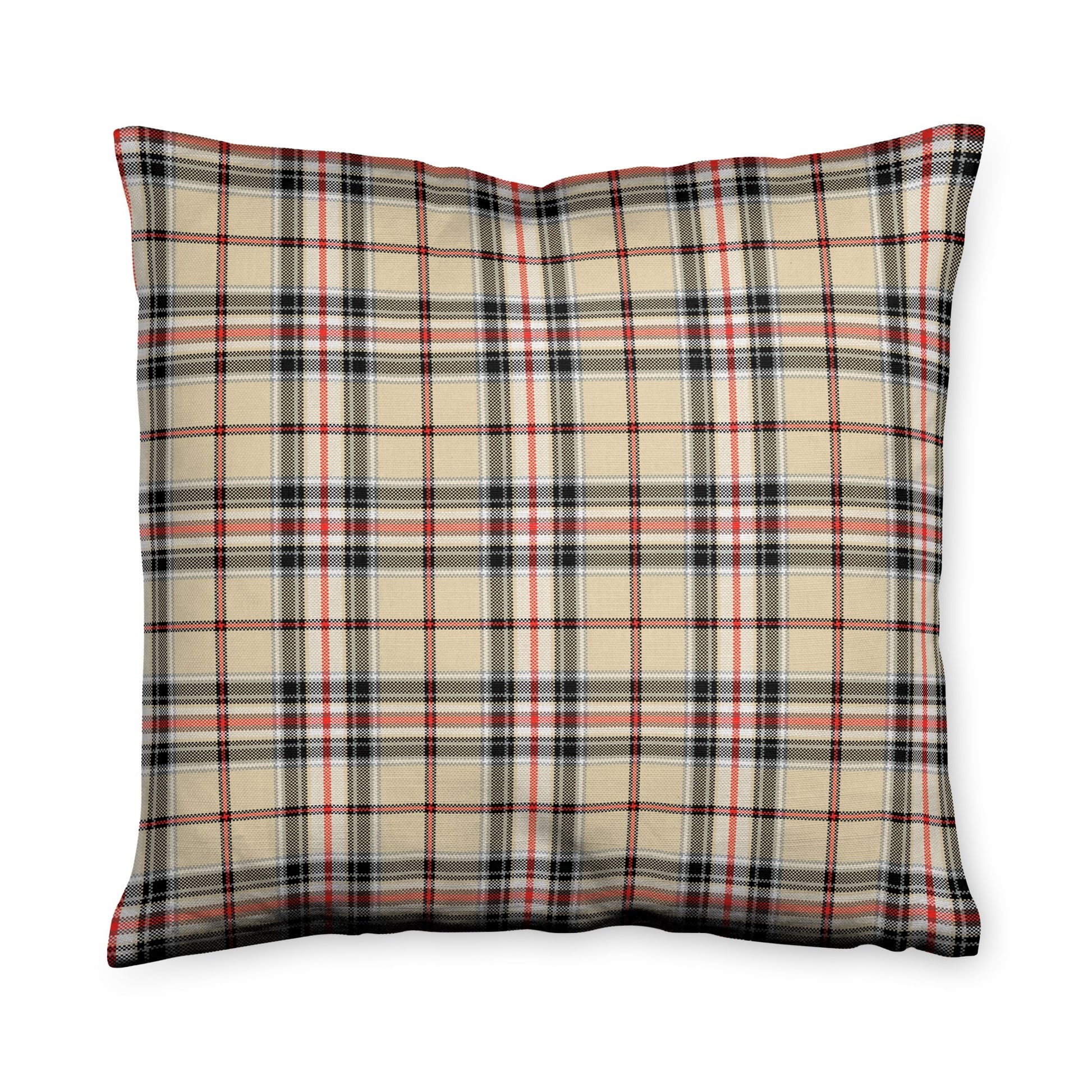 Chic Plaid Throw Pillow - shades and stripes of gold, yellow, black, and red. The dominant color in this design is yellow or gold.