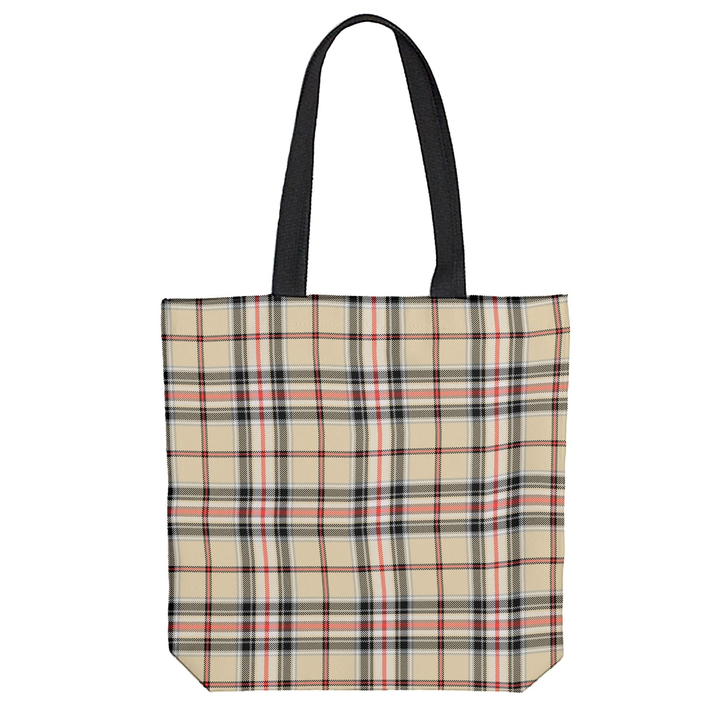 Chic Plaid Tote Bag - shades and stripes of gold, yellow, black, and red. The dominant color in this design is yellow or gold.