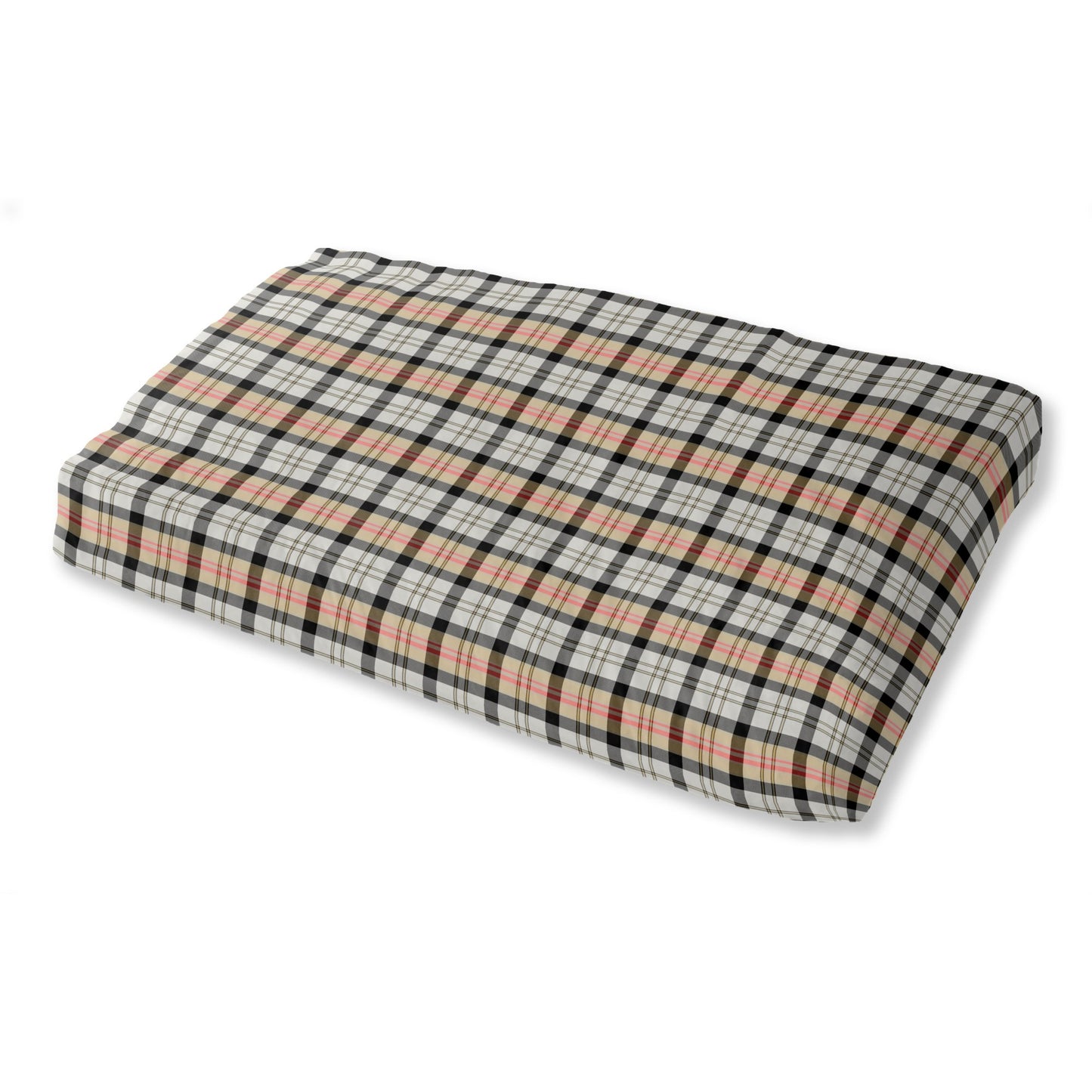 Silver and Gold Plaid Pet Bed- shades and stripes of yellow, gold, cream, red, and black