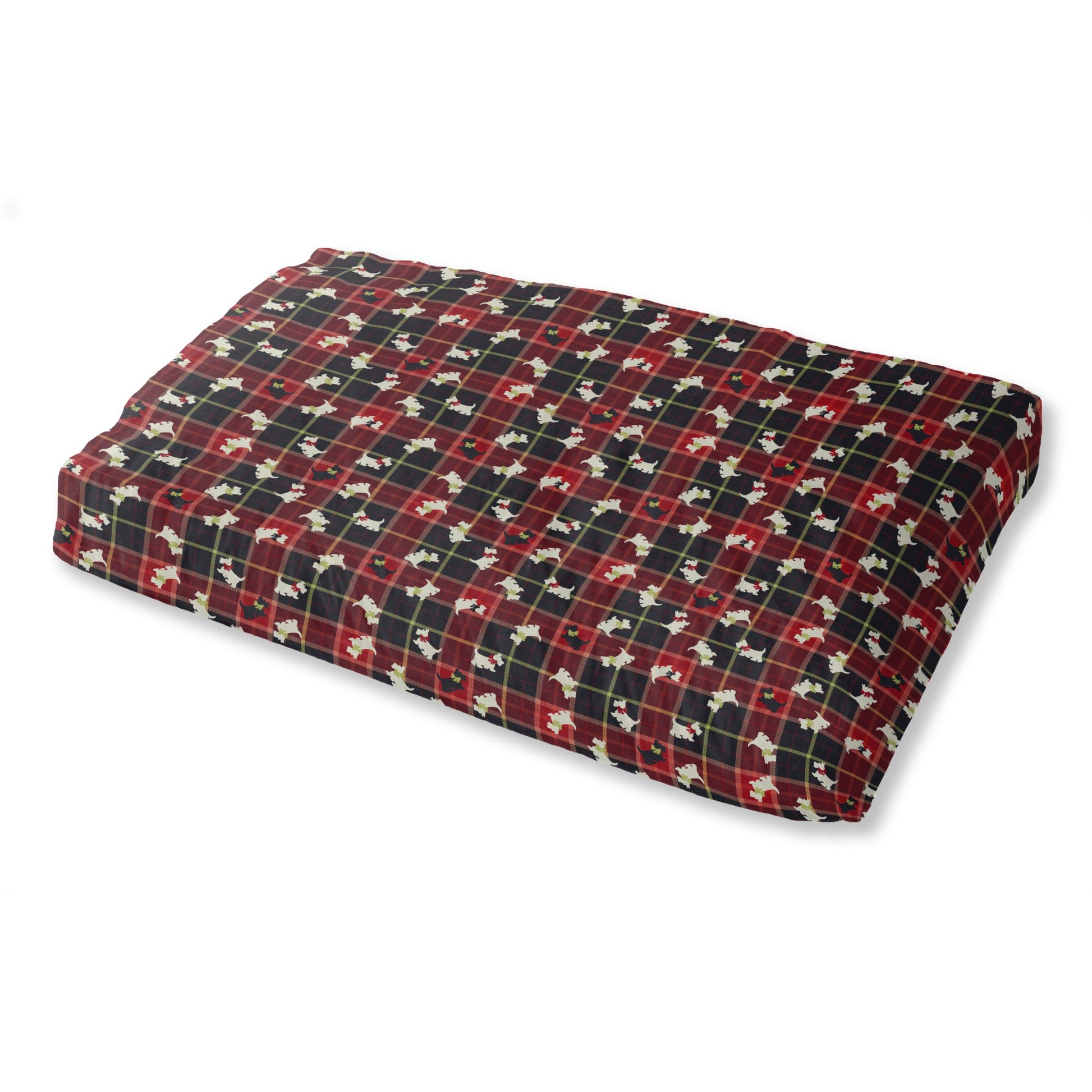Scottie Plaid Pet Bed - various shades of green and red with gold or yellow mixed in, featuring light and dark colored scottie dogs in a pattern