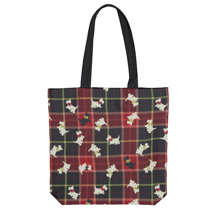 Scottie Plaid Tote Bag - various shades of green and red with gold or yellow mixed in, featuring light and dark colored scottie dogs in a pattern
